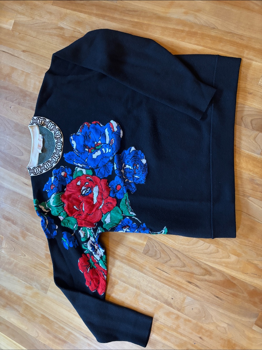 Tory Burch Black Crewneck Sweater with Red & Blue Floral Embroidery